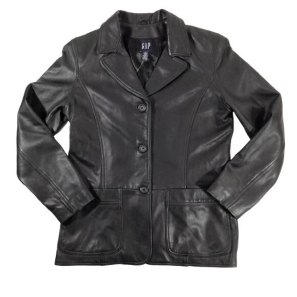 NWOT Vintage GAP Jacket Womens M Black Leather Blazer Y2K 2000s Classic Pockets - Picture 1 of 14